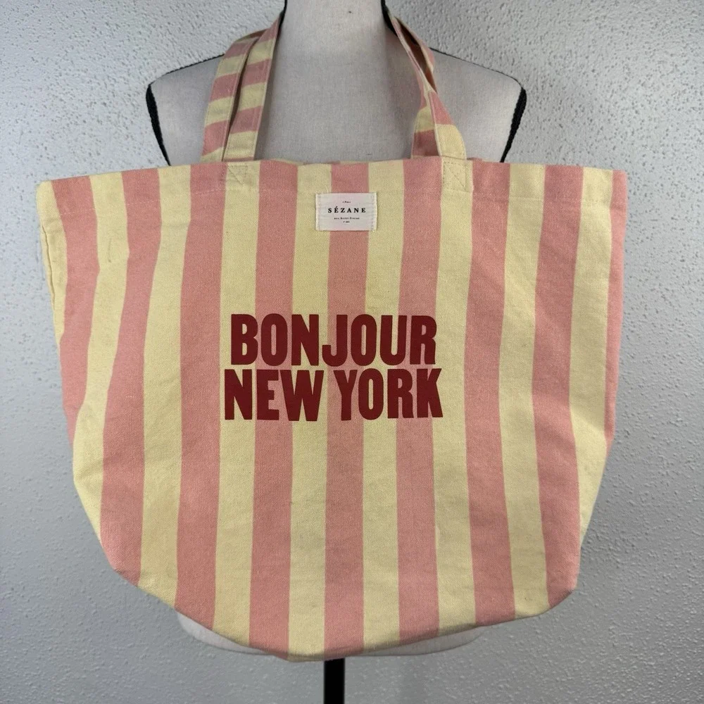 Bonjour New York Striped Yellow Pink Women's Canvas Tote Bag Beach Pool Travel